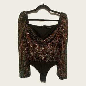 BANJUL Sequin Bodysuit – Black Multicolor Sparkle Long Sleeve Party Top (Size 6)